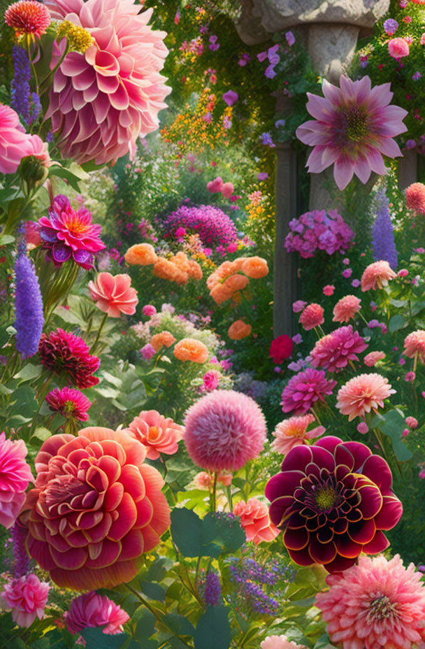 Colorful Floral Garden with Pink and Purple Dahlias & Wooden Fence