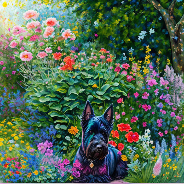 Black Scottish Terrier in Colorful Flower Garden