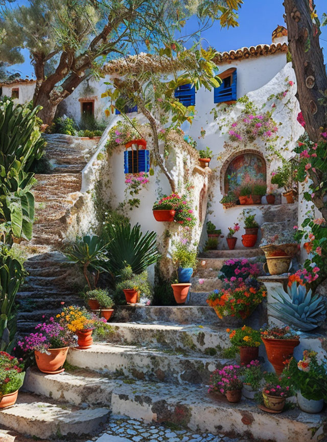 Stone staircase with flowering plants leads to white house with blue shutters