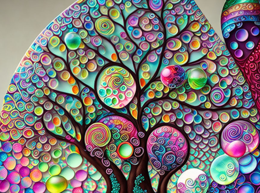 Colorful psychedelic tree with swirl-patterned canopy - fantasy atmosphere