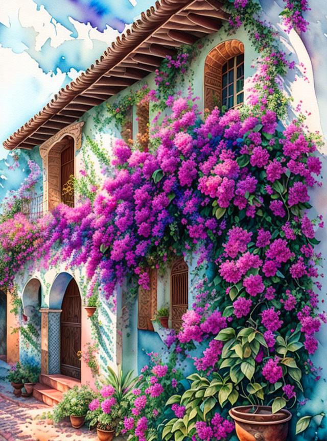 Vibrant blue house with purple bougainvillea, arched doorways, balcony, and