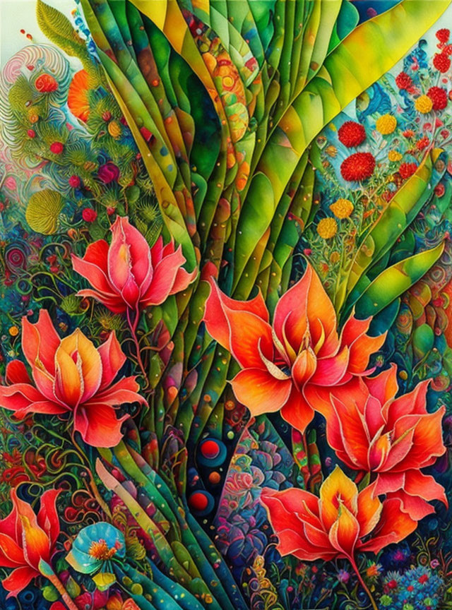 Colorful artwork: Red lilies in a whimsical, multicolored floral setting