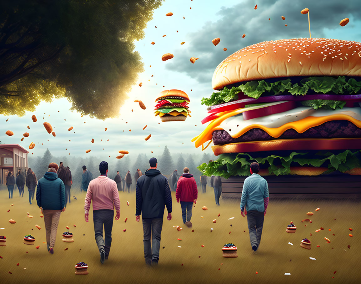 Surreal scene: People walking to giant floating burger surrounded by raining smaller burgers in grassy field