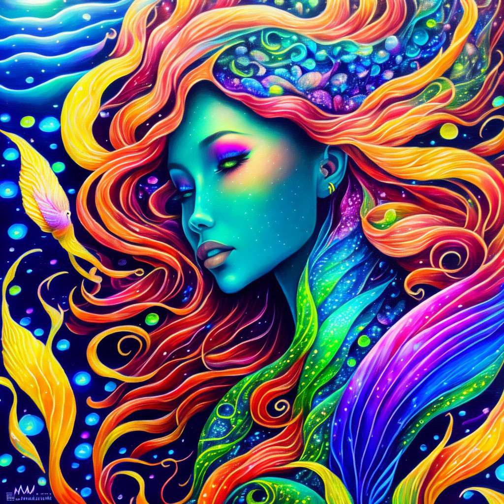 Colorful woman with cosmic hair in swirling artwork