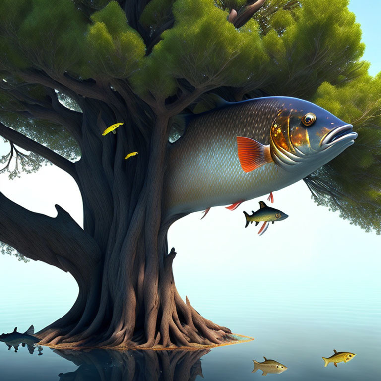 Large Fish Surrounded by Smaller Fish in Air with Tree and Misty Background