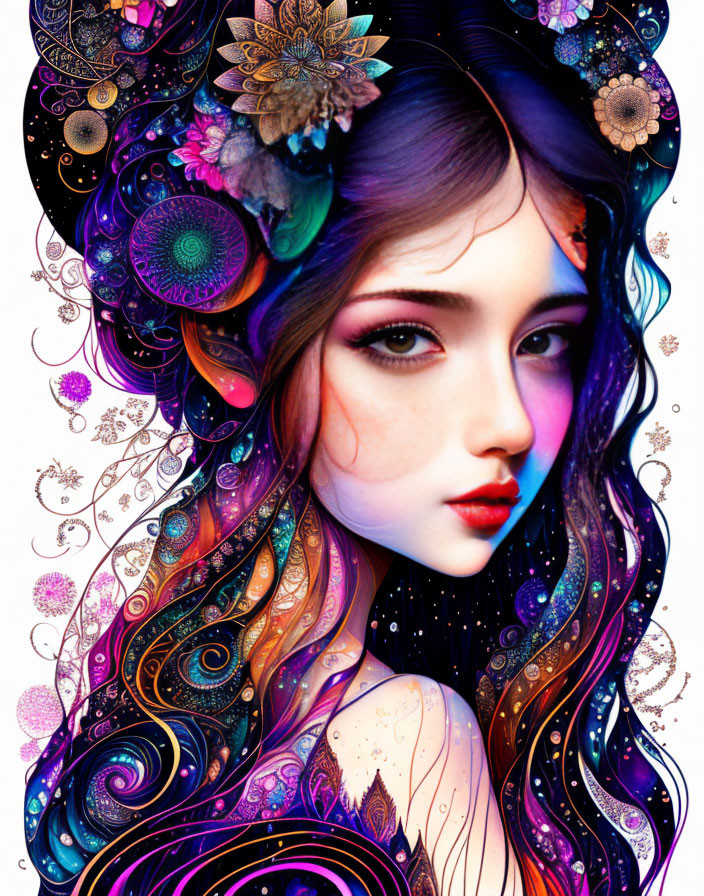 Colorful illustrated portrait of a woman with intricate floral and cosmic patterns on flowing hair.