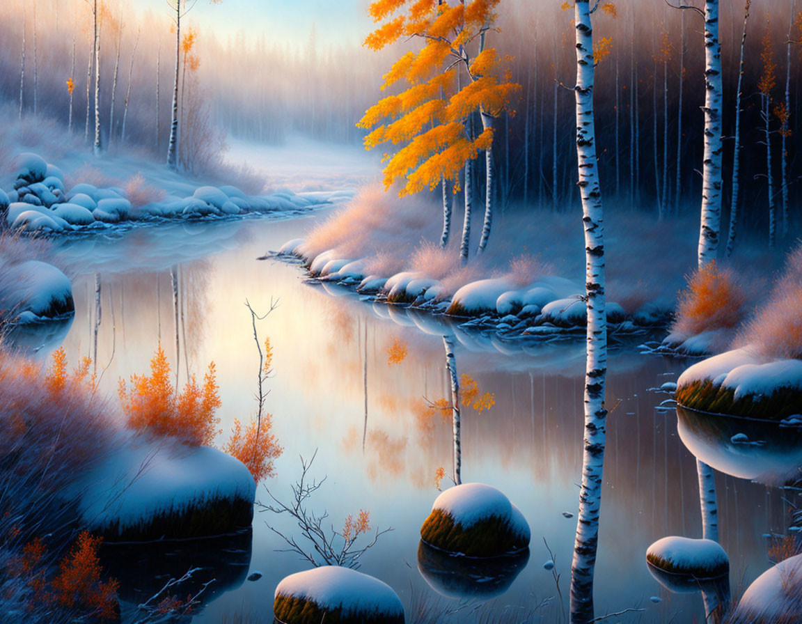 Snow-covered rocks, calm river, birch trees, orange foliage in serene winter landscape