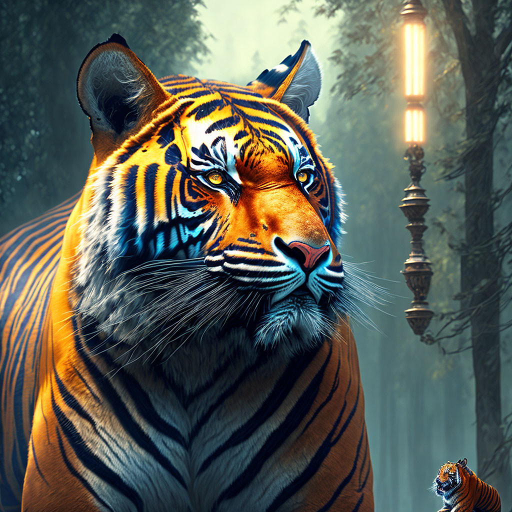 Majestic tiger in misty forest near antique streetlamp