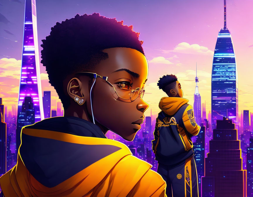 Illustration of boy in glasses and yellow jacket with futuristic cityscape.