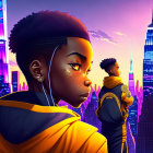 Illustration of boy in glasses and yellow jacket with futuristic cityscape.