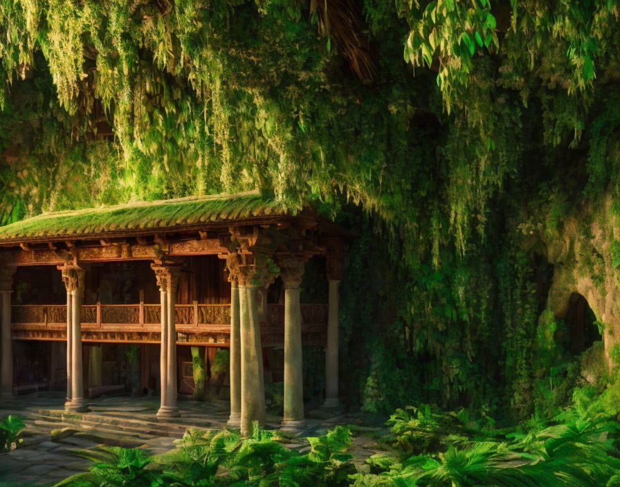 Moss-Covered Pavilion in Lush Forest with Greenery