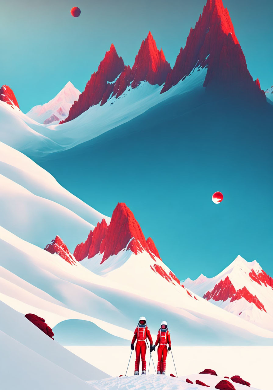 Astronauts in red suits on snowy alien landscape with red mountains.