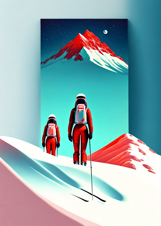 Astronauts walking to mountain under starry sky