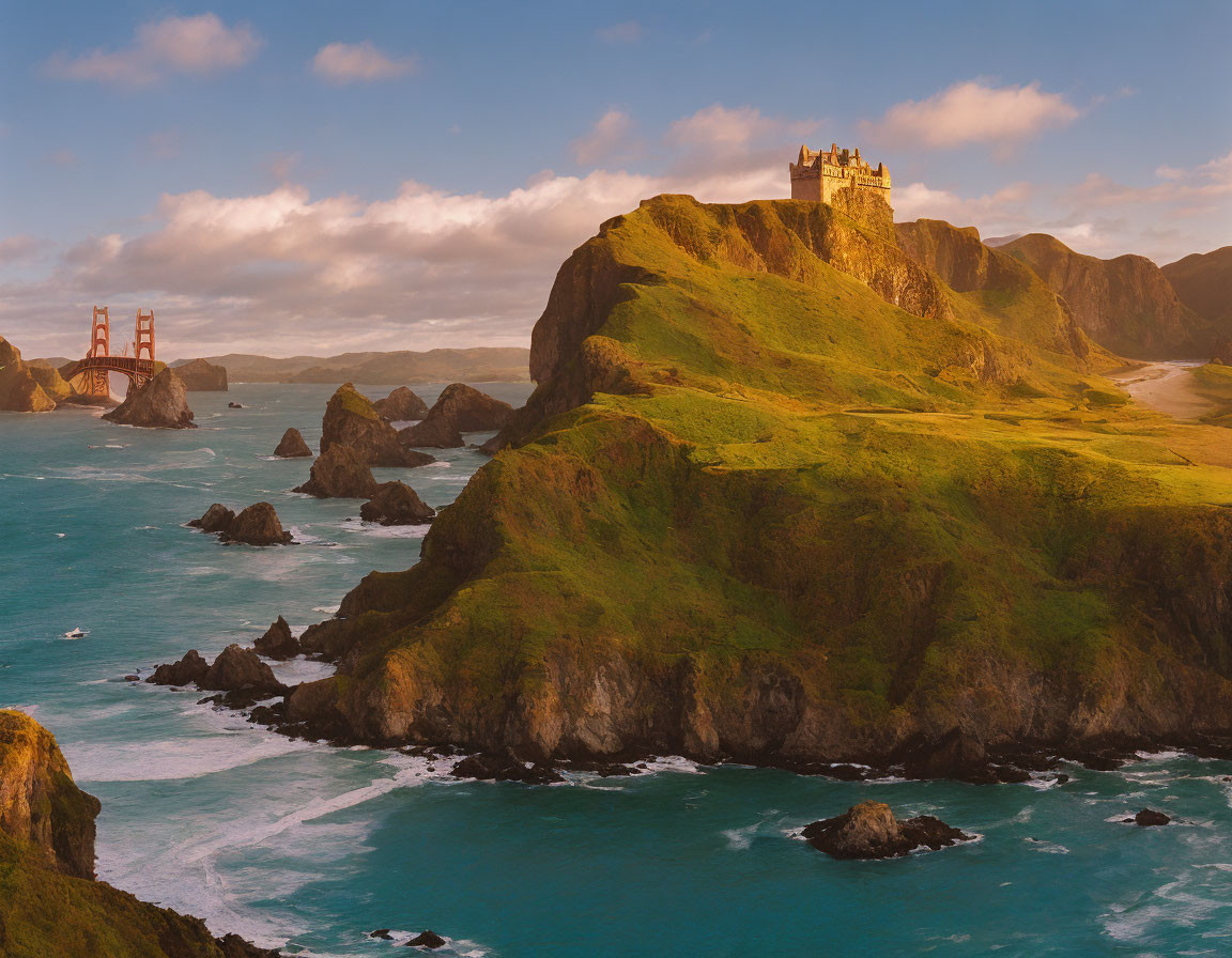 Majestic castle on rocky cliff overlooking ocean and Golden Gate Bridge at sunset