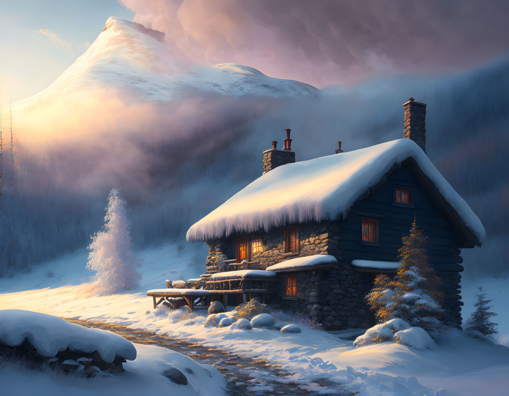 Snowy cabin with glowing interior in mountain dusk landscape