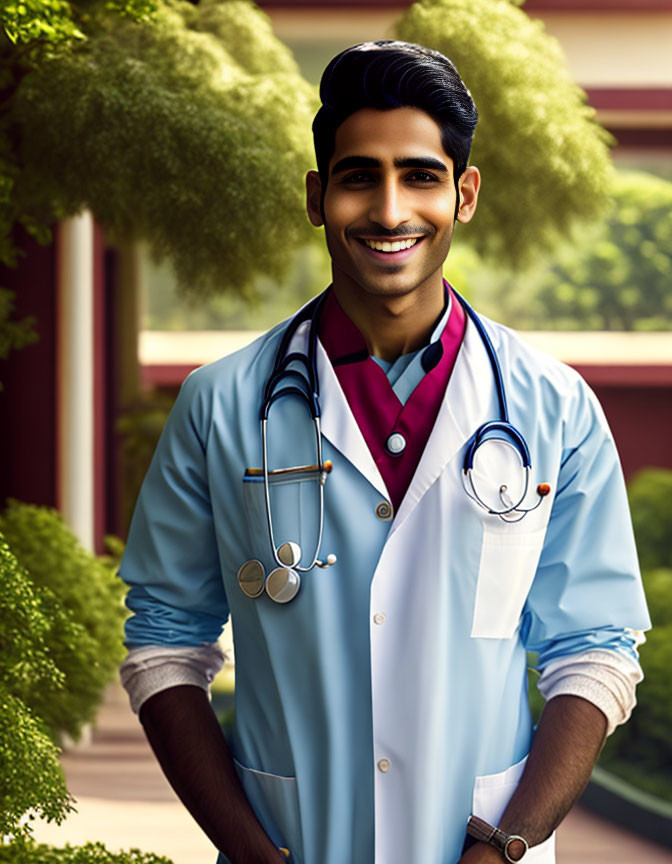 Smiling healthcare professional in light blue lab coat outdoors