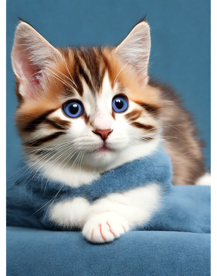 Fluffy kitten with blue eyes and tricolor coat on blue surface