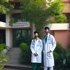 Smiling healthcare professional in light blue lab coat outdoors