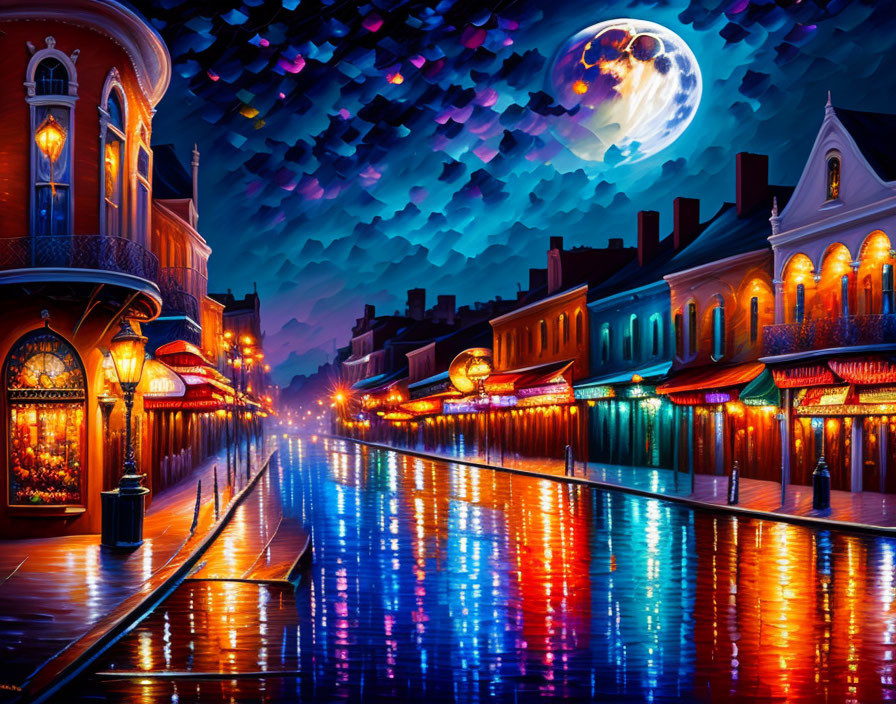 Vivid Night Street Scene with Moonlit Reflections