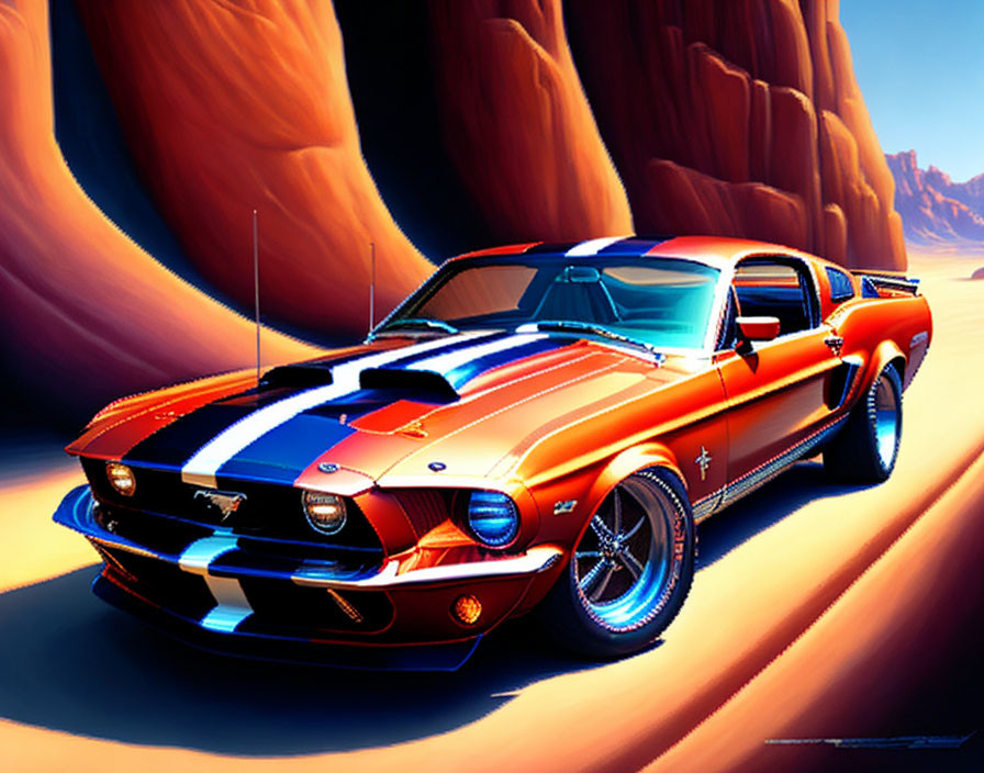 Vintage Ford Mustang with racing stripes in canyon with tall red cliffs under warm sunlight