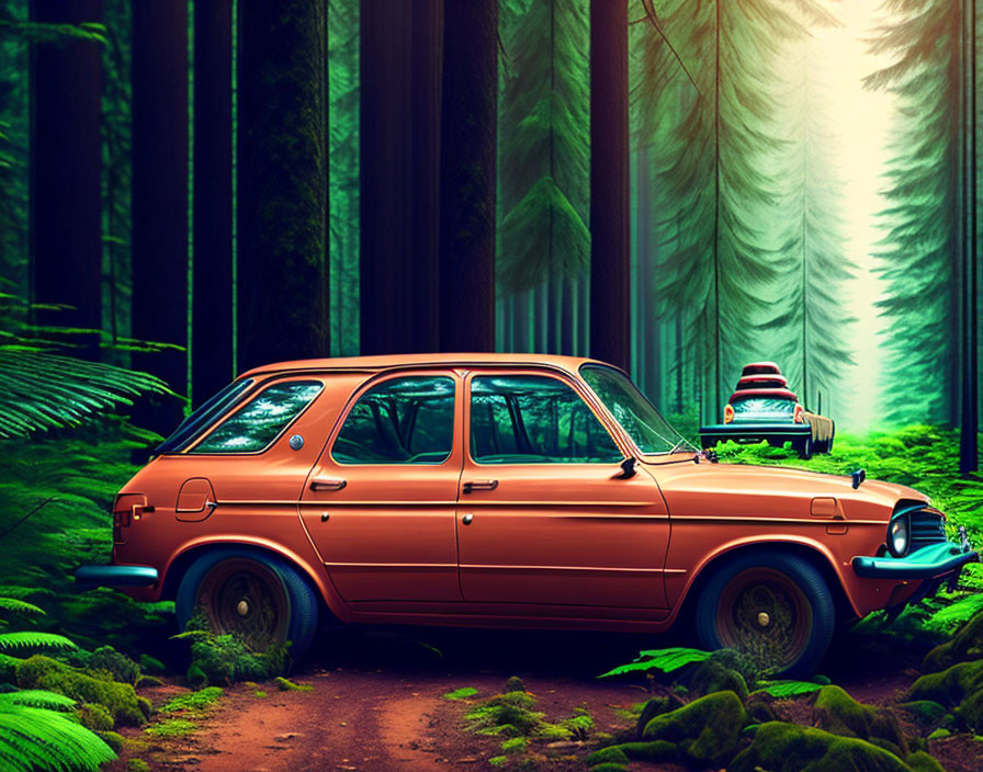 Vintage Orange Car Parked in Lush Green Forest