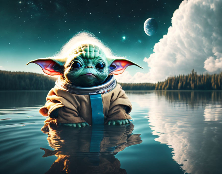 Baby Yoda Illustration: Large-eared figure in robe, silver collar, in water with forest