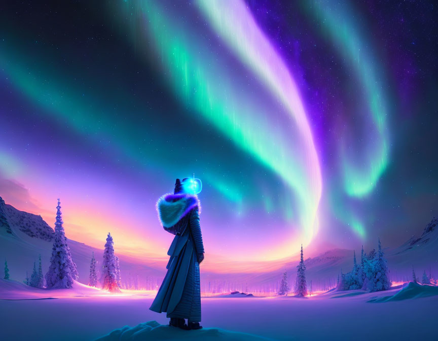 Person in Winter Coat Observing Aurora Borealis in Snowy Landscape