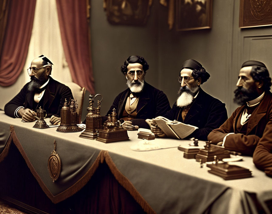 Four Men in Traditional Jewish Attire at Table with Books & Religious Items