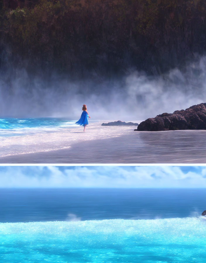 Person in blue dress by misty beach with rocky cliffs