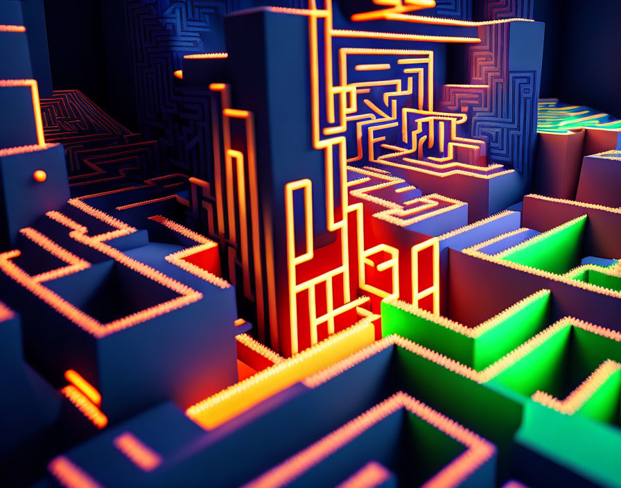 Neon-lit 3D digital art of circuitry-inspired cityscape