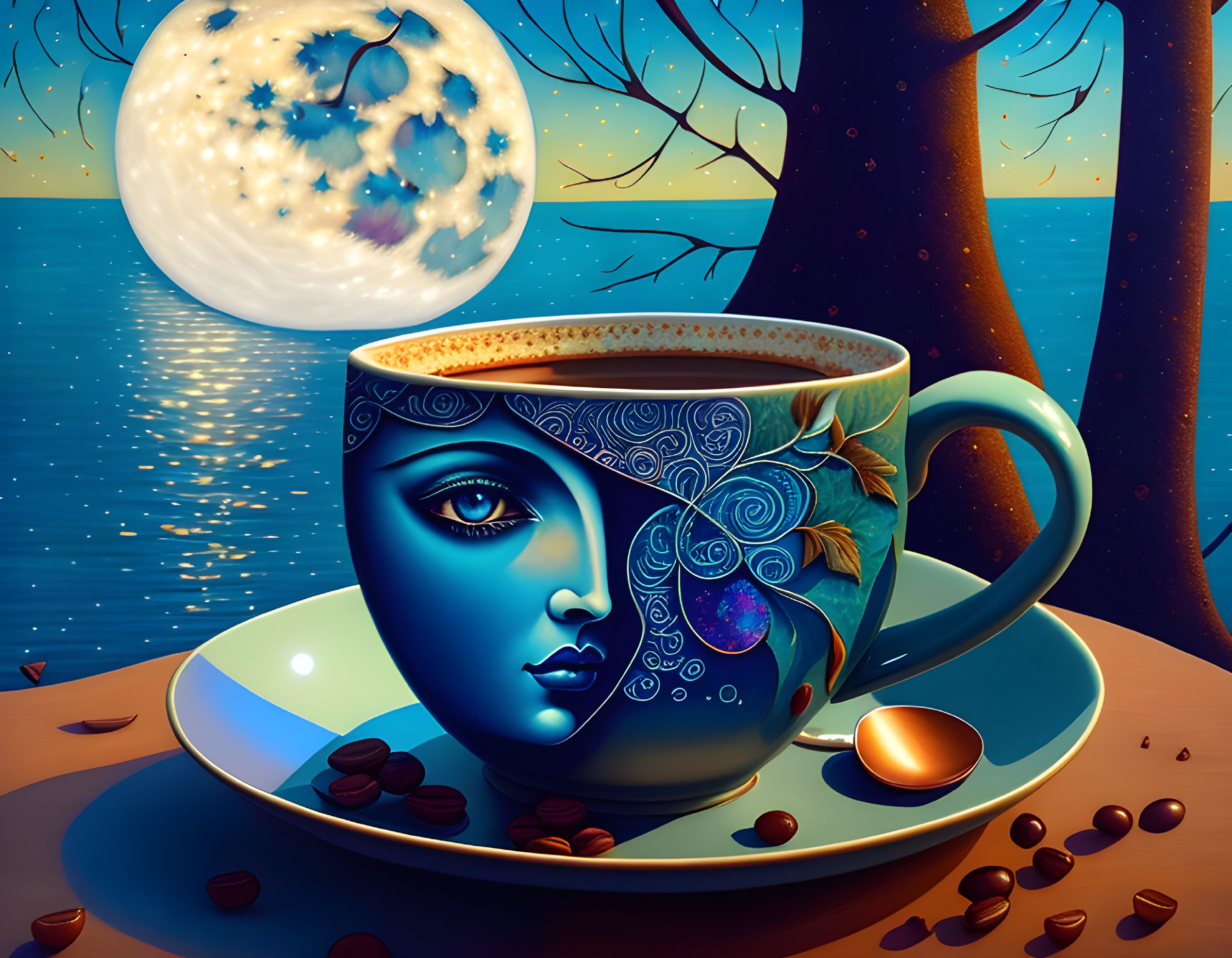 Surreal coffee cup with woman's face, starry night sky, moon, and sea