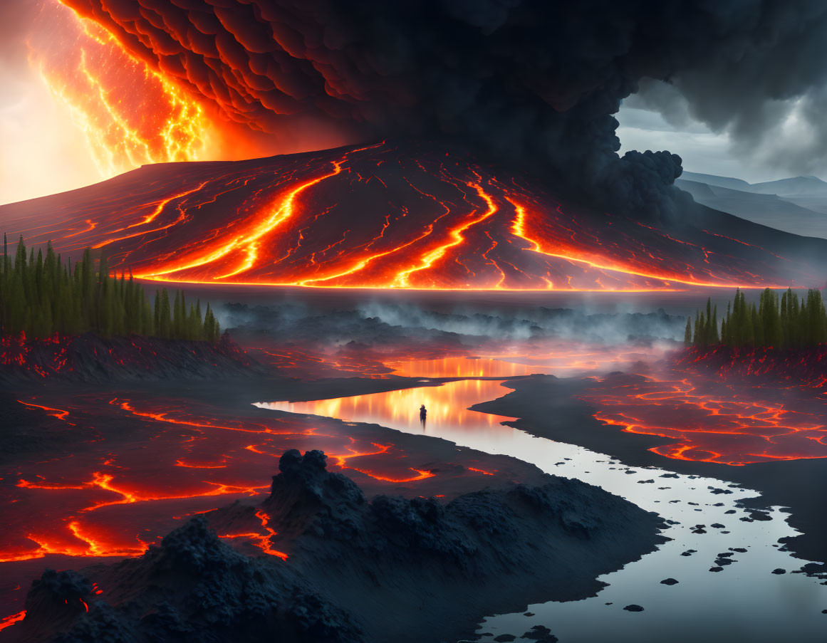 Volcanic eruption with lava flows, fiery skies, and ash clouds over reflective river