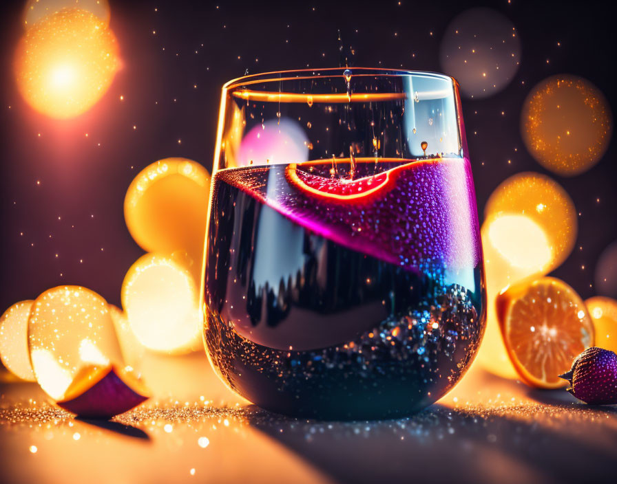 Red Wine Glass with Citrus Slice in Golden Bokeh Lights