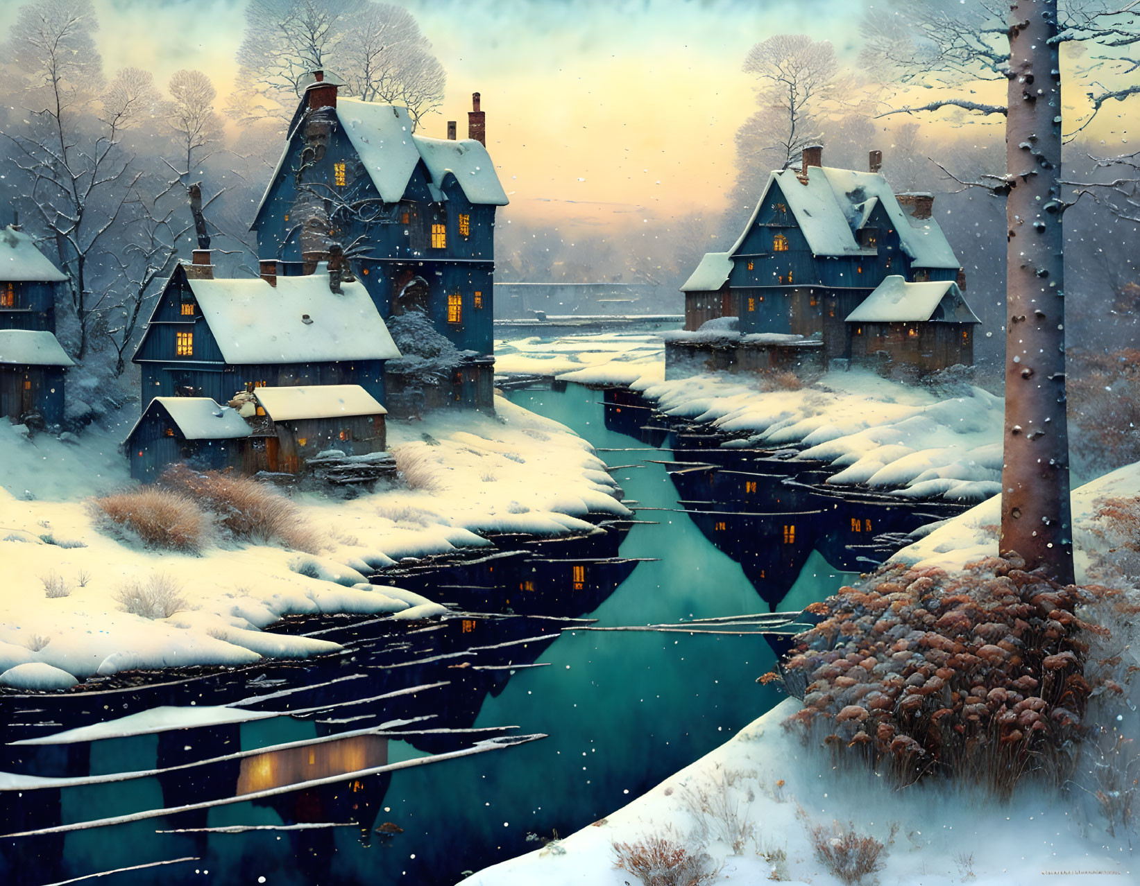 Snowy village houses with warm lights near river at dusk