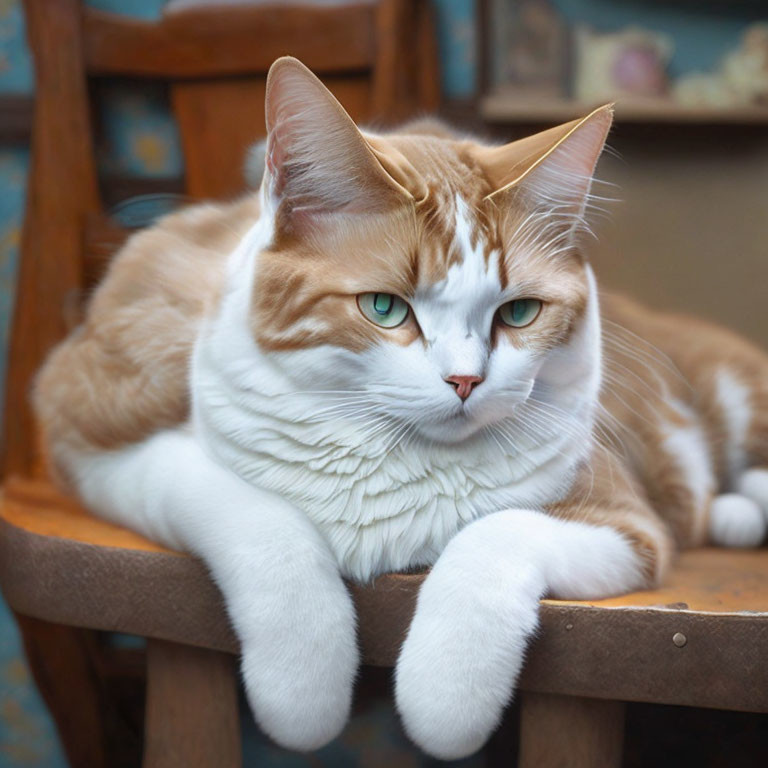 Orange and White Cat with Green Eyes on Wooden Chair