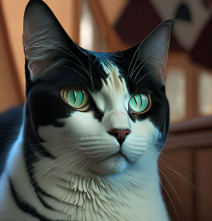 Black and White Cat with Striking Green Eyes and Smooth Coat