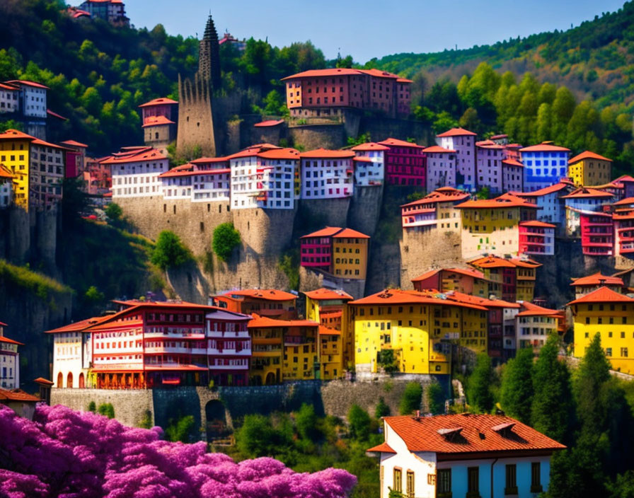 Colorful hillside town with tower and flowering trees under blue sky.