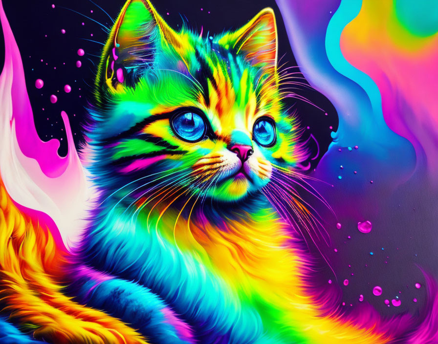 Colorful Kitten Portrait Against Psychedelic Background