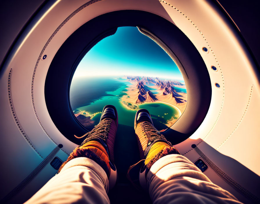 Legs inside aircraft with view of sand dunes and coastline