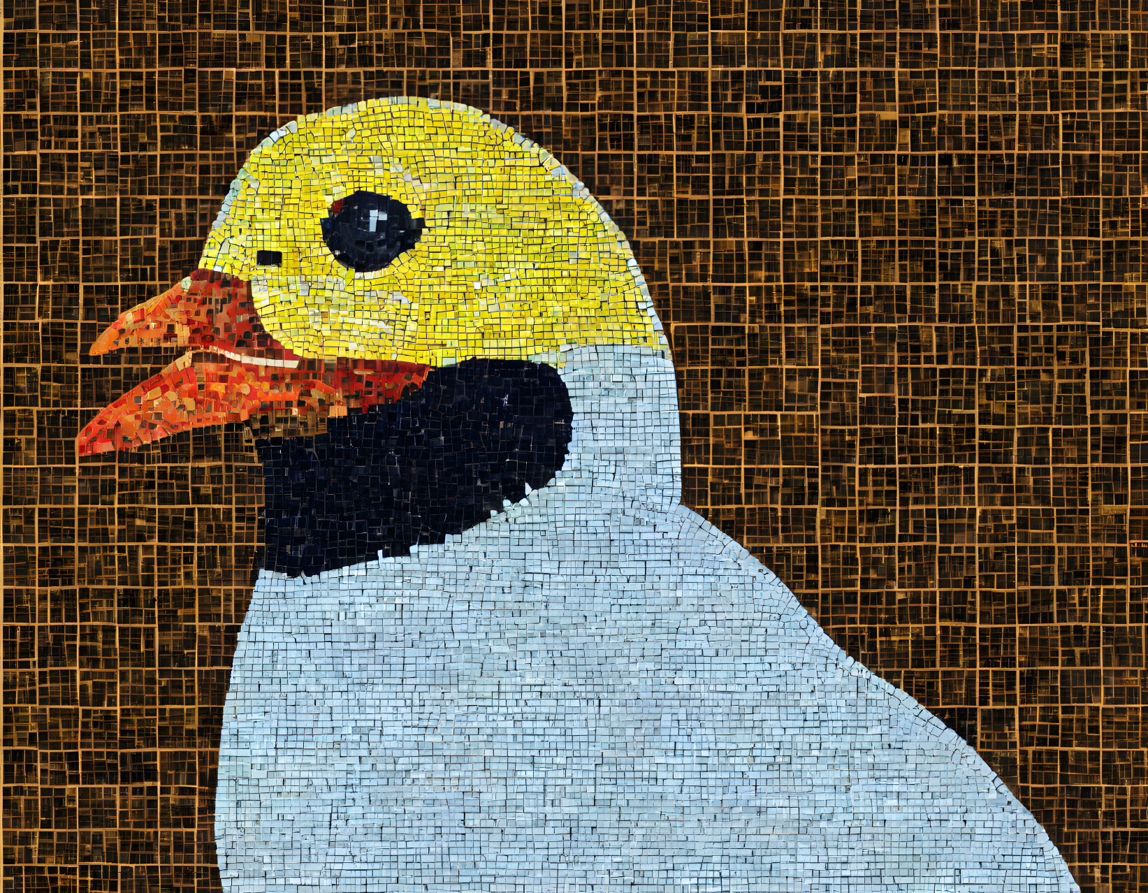 Duck mosaic with yellow head and brown background