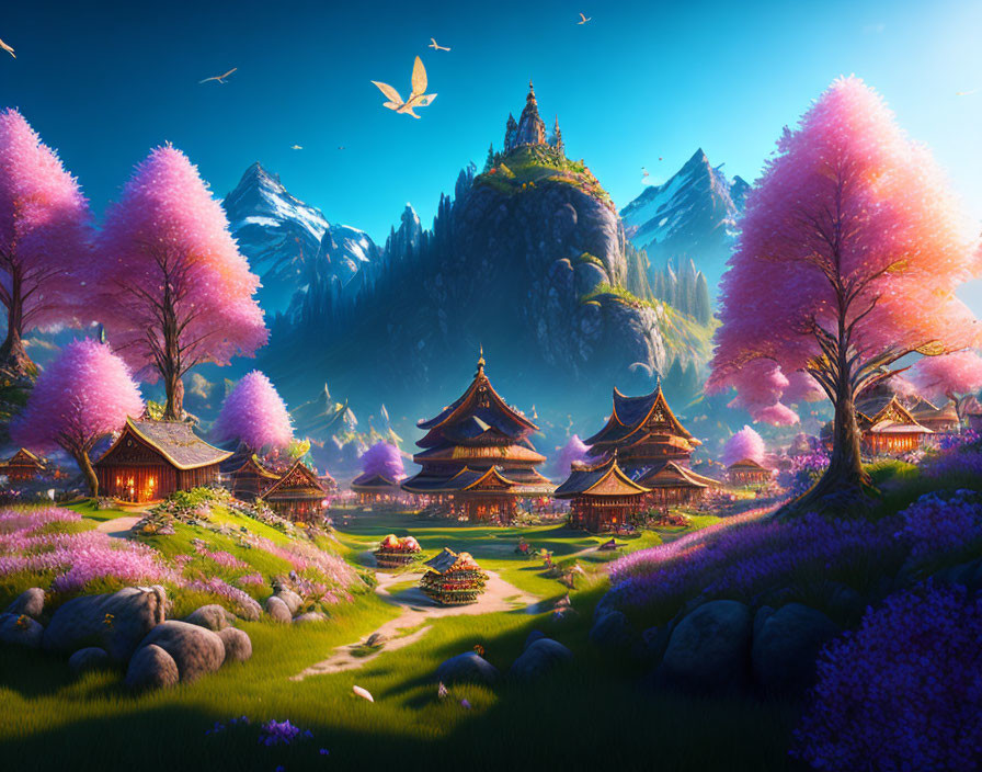 Fantasy landscape with pink cherry blossoms, Asian buildings, lush fields, and mountains