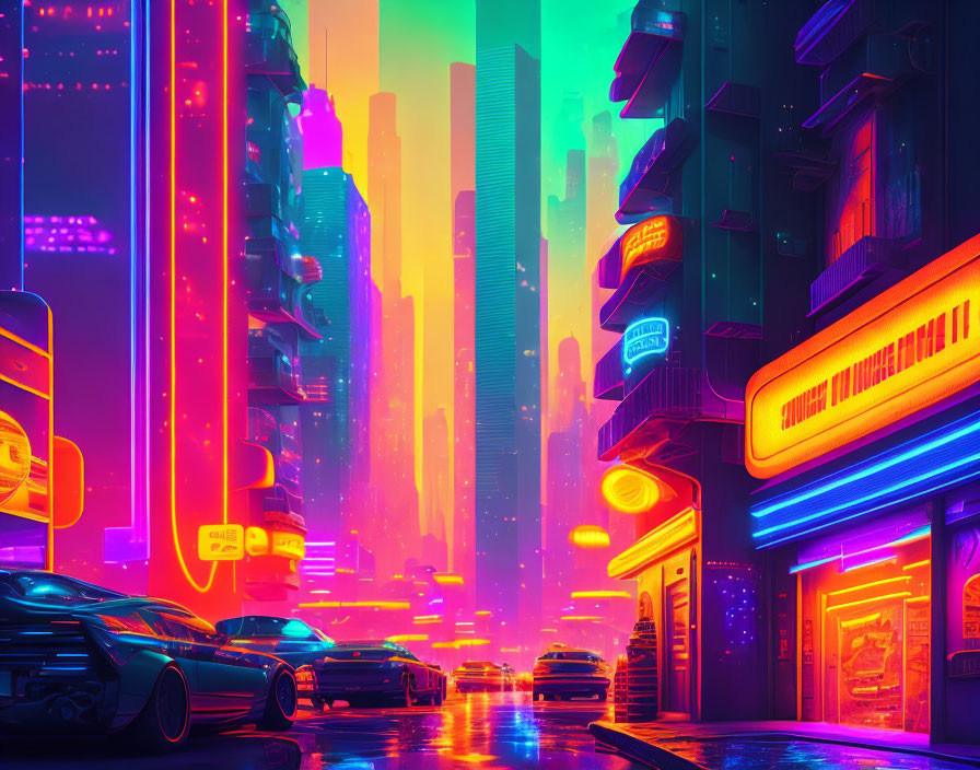 Futuristic cityscape with neon lights and glowing sky