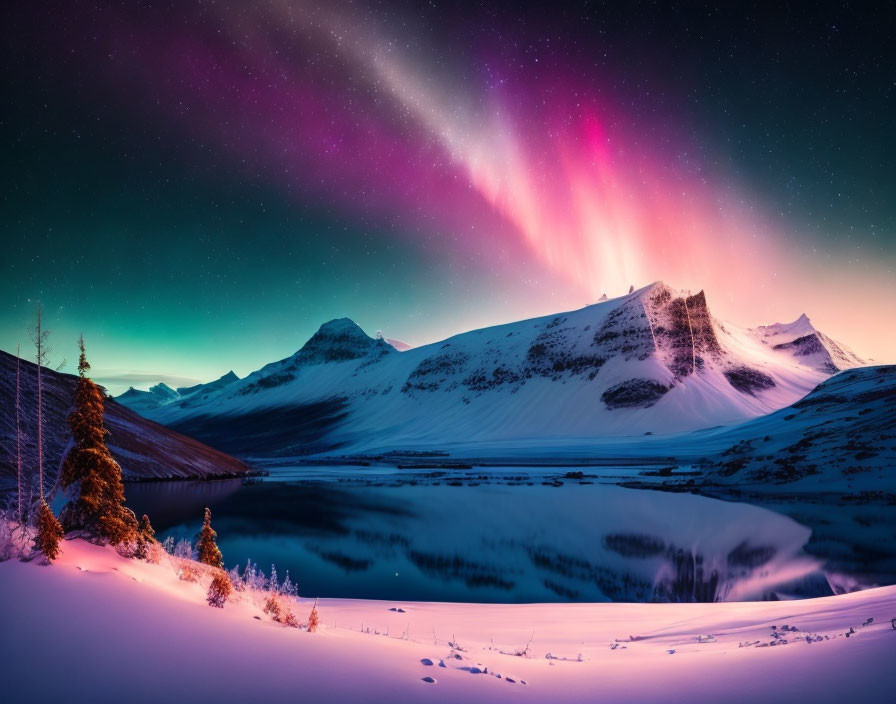 Northern Lights shine over snowy mountains and lake