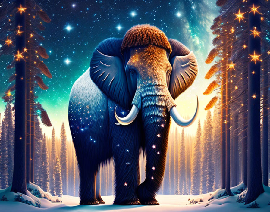 Majestic elephant glowing with starry lights in snowy forest