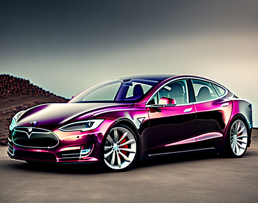 Purple Tesla Model S with Chrome Accents and White-Walled Tires in Desert Dusk