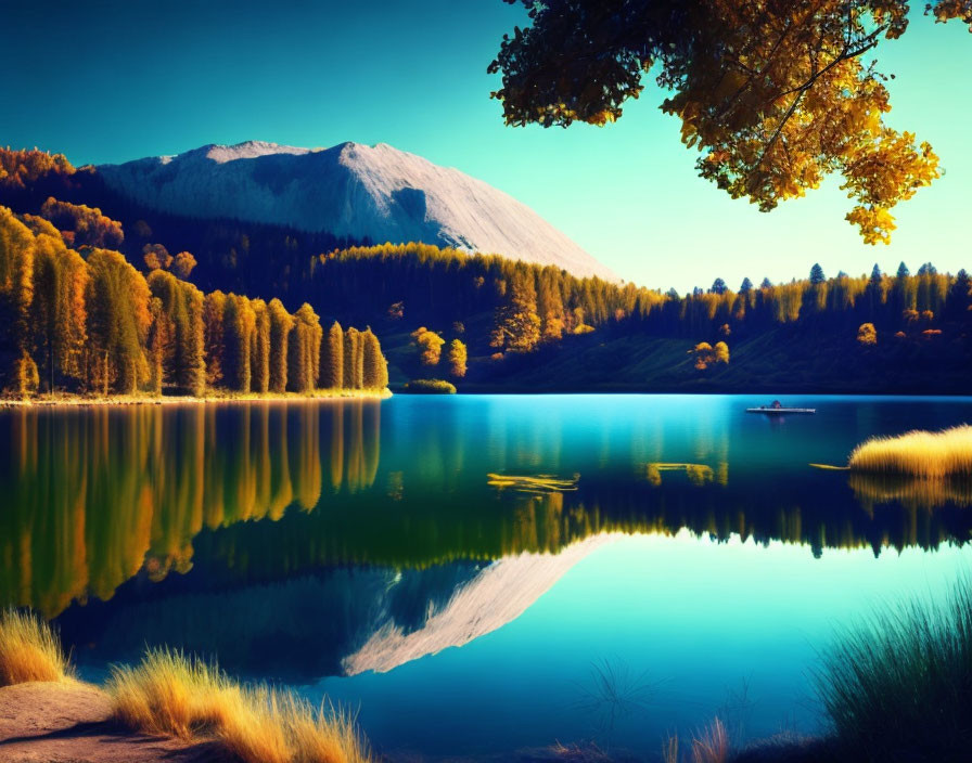 Tranquil mountain lake with autumn trees and lone boat