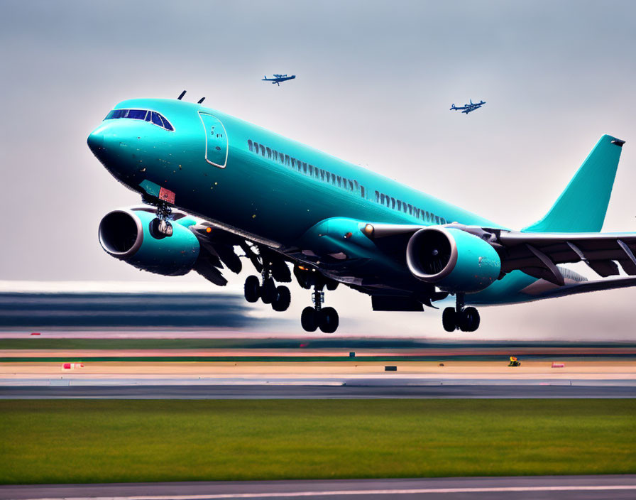 Teal commercial airplane taking off at dusk