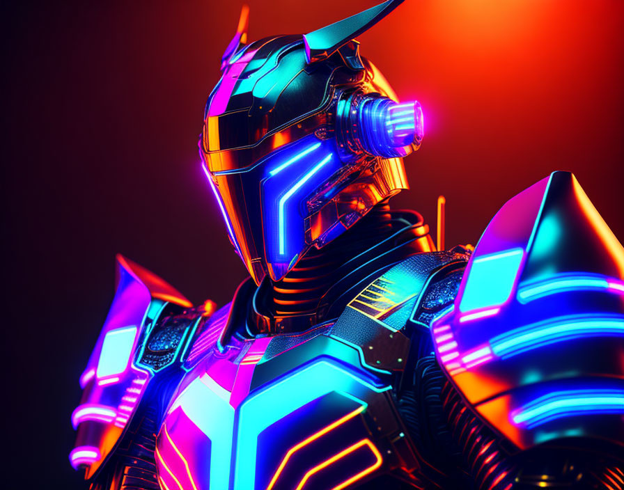 Armored robot with neon blue lines on red background