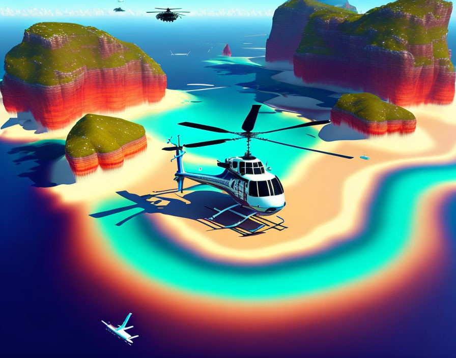 Digital artwork: Helicopter over tropical waters with colorful islands, plane underwater, distant sky helicopter