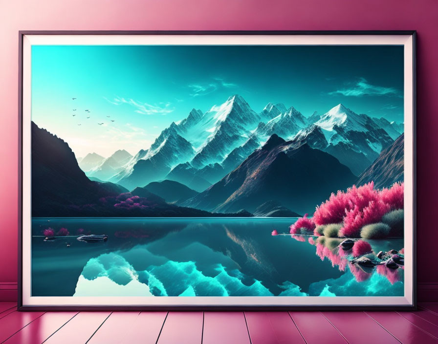 Surreal landscape with teal mountains and vibrant pink foliage in pink room